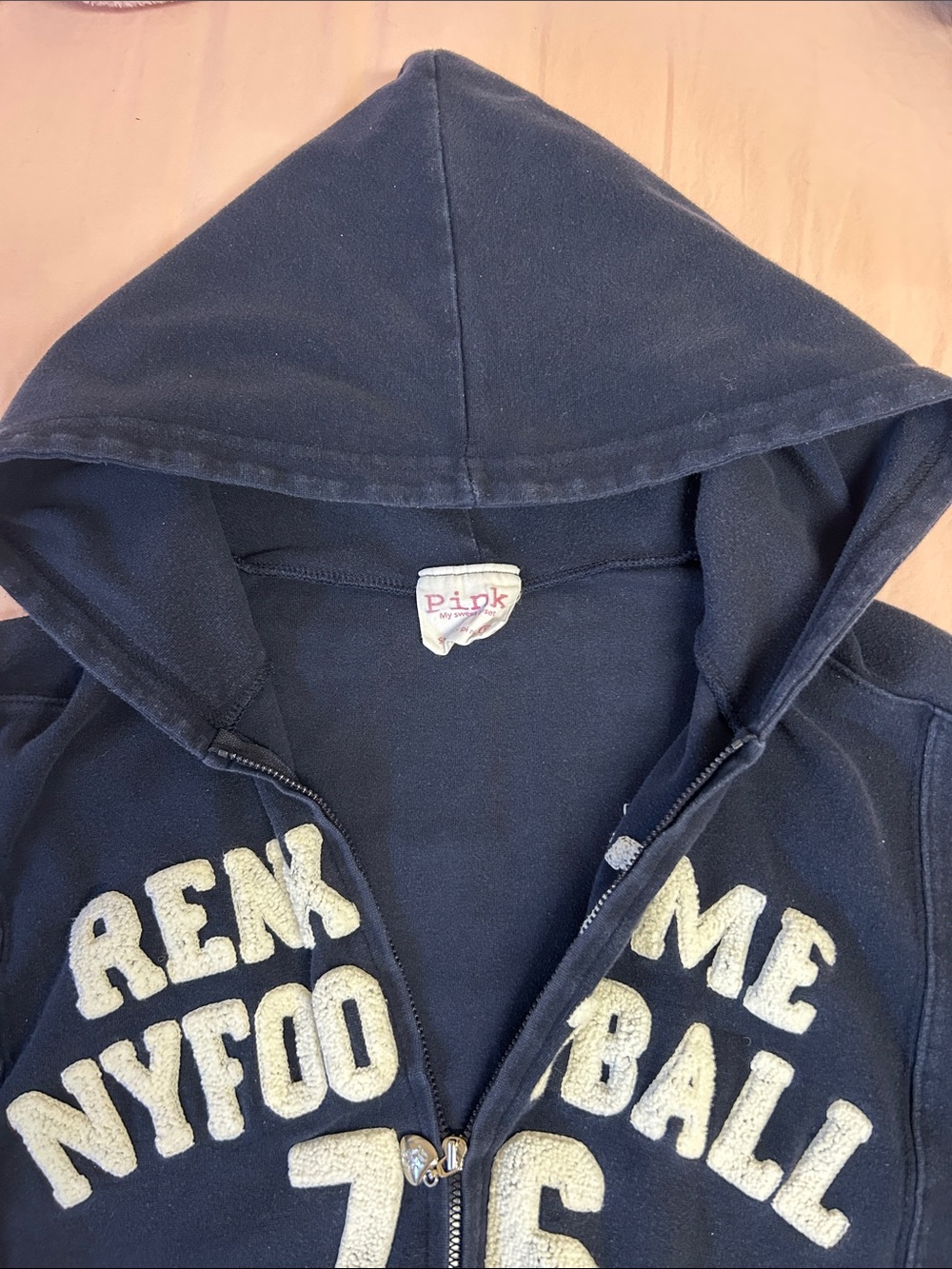 Y2K PINK Navy Zip-Up Hoodie with Varsity logo and heart zipper - Picture 4 of 5